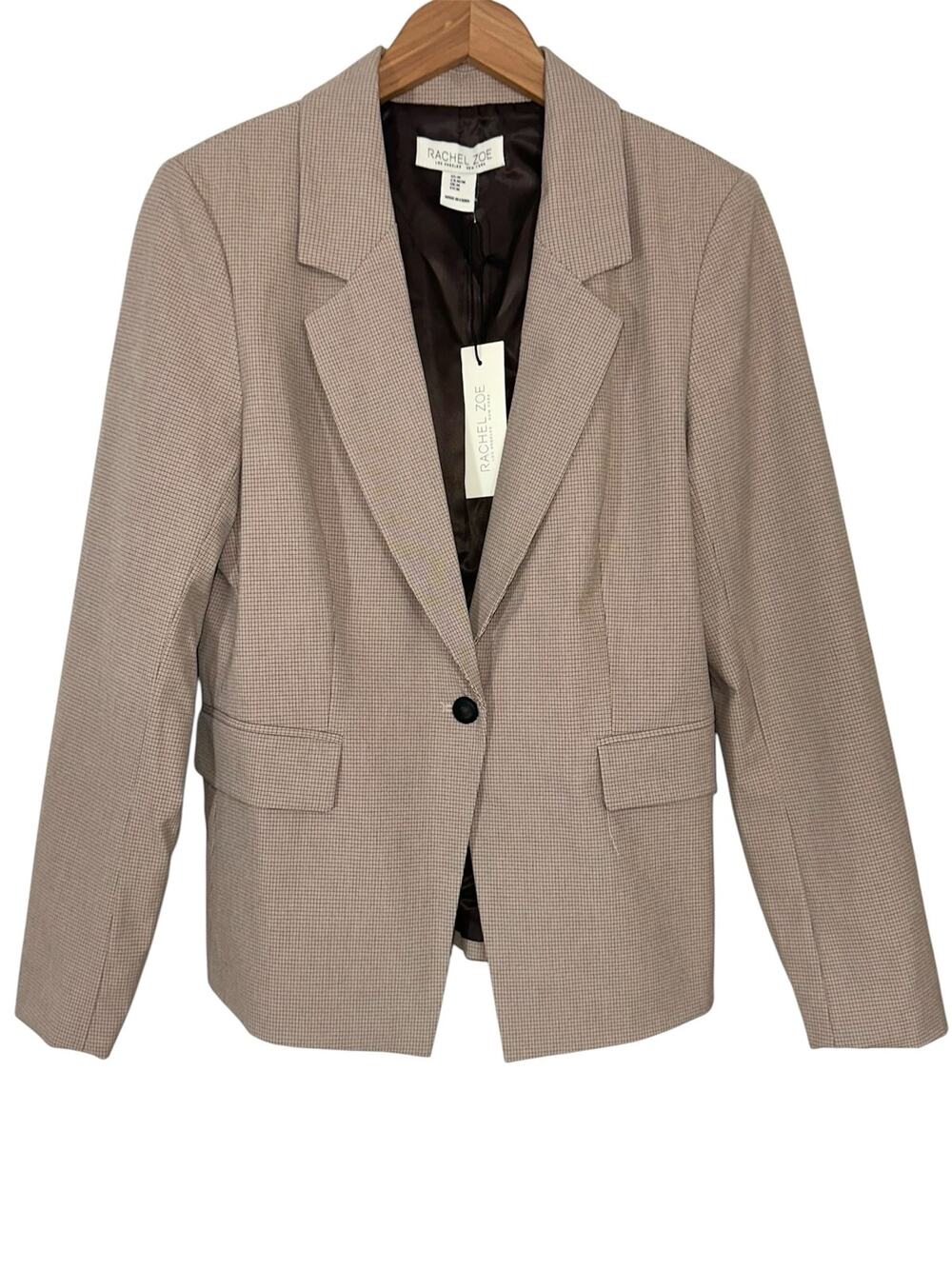 NWT Rachel Zoe Tan Brown Houndstooth Micro Check 1-Button Blazer Jacket Size M